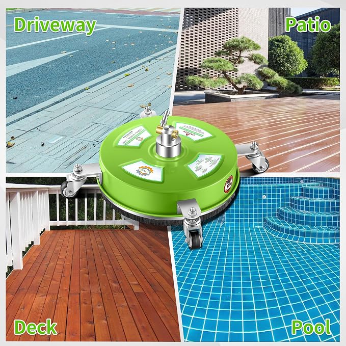 PWACCS 14" Pressure Washer Surface Cleaner with Wheels, Stainless Steel | Power Washer Attachment with Extension wands, For Driveways, Patios, Sidewalks, Decks, 1/4" Quick Connect, Green