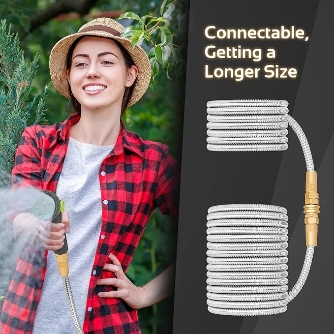 Garden Hose Metal - 100ft Heavy Duty Stainless Steel Water Hose with 8 Function Sprayer & Metal Fittings, Flexible, Lightweight, No Kink, Puncture Proof Hose for Yard, Outdoors, Rv