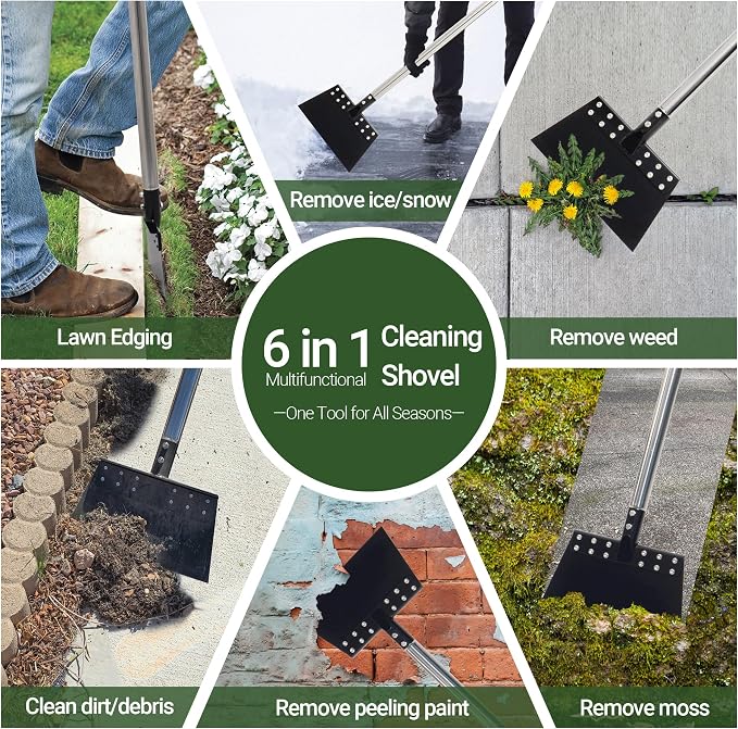 63 Inch One-Piece Handle Weed Scraper with 11in Spring Steel Blade | Garden Flat Shovel Floor Scraper Long Handle Heavy Duty Multi Weeding Shovel for Ice, Weed, Dirty, Moss, Lawn Edging