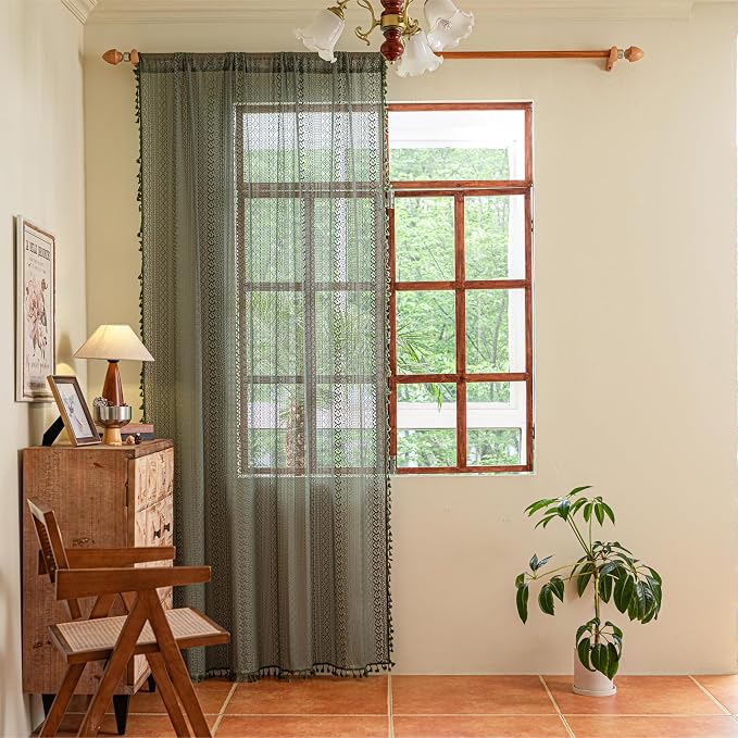 Sutuo Home Olive Green Boho Curtains 96 inches Long for Living Room Bedroom,Crochet Lace Sheer Bohemian Hollow Knitted Handmade Tassels, Vintage Farmhouse Xmas Decor, 1 Panel 59" W x 96" L