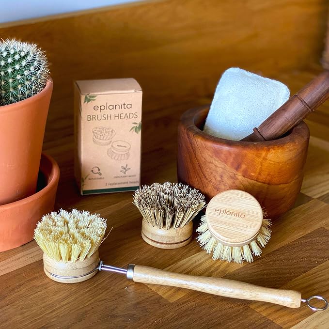 Replacement Brush Heads (Pack of 4) for Bamboo Dish Brush, Sisal Bristle Refills, Agave Cactus Fibres, Kitchen Eco Scrubber, Plastic Free Washing Up, Zero Waste Cleaning