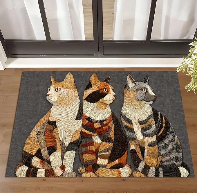 Three Cats Area Rug 15.7x23.6 Inch, Faux Cashmere Non Slip Floor Mat, Vintage Cat Decorative Rug for Entryway Bedroom Kitchen (Three Cats, 15.7x23.6inch)