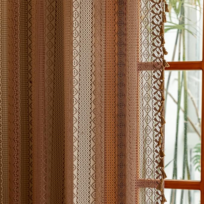 Sutuo Home Dark Coffee Boho Curtains 84 inches Long for Bedroom Living Room, Lace Sheer Bohemian Tassels Vintage Chic Crochet Privacy Window Curtains Drapes Farmhouse Decor, Rod Pocket 1 Panel 59" W