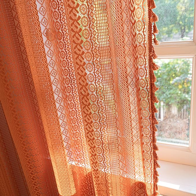 Sutuo Home Terracotta Boho Curtains for Bedroom Living Room, Crochet Lace Sheer Bohemian Style with Tassels,Window Treatment Drapes for Halloween Decor, Rod Pocket 1 Panel 59" W x 108" L, Orange