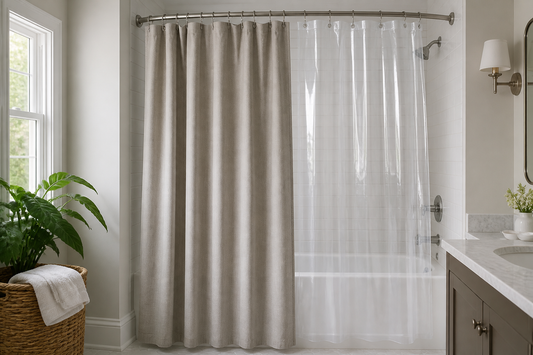 Clean fabric shower curtain and translucent plastic liner hanging separately in a bright bathroom