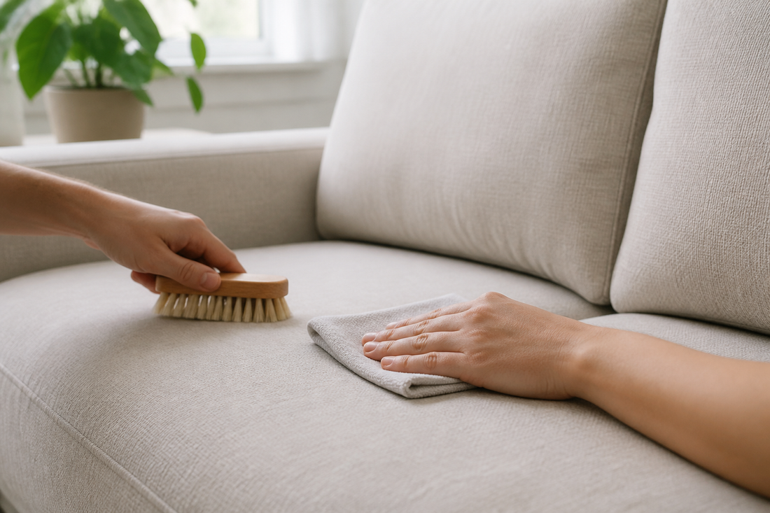 Person gently cleaning a fabric sofa with a microfiber cloth and soft upholstery brush