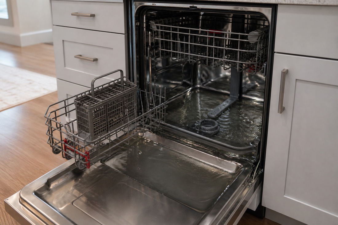 Open dishwasher with substantial standing water covering the lower basin after a completed cycle