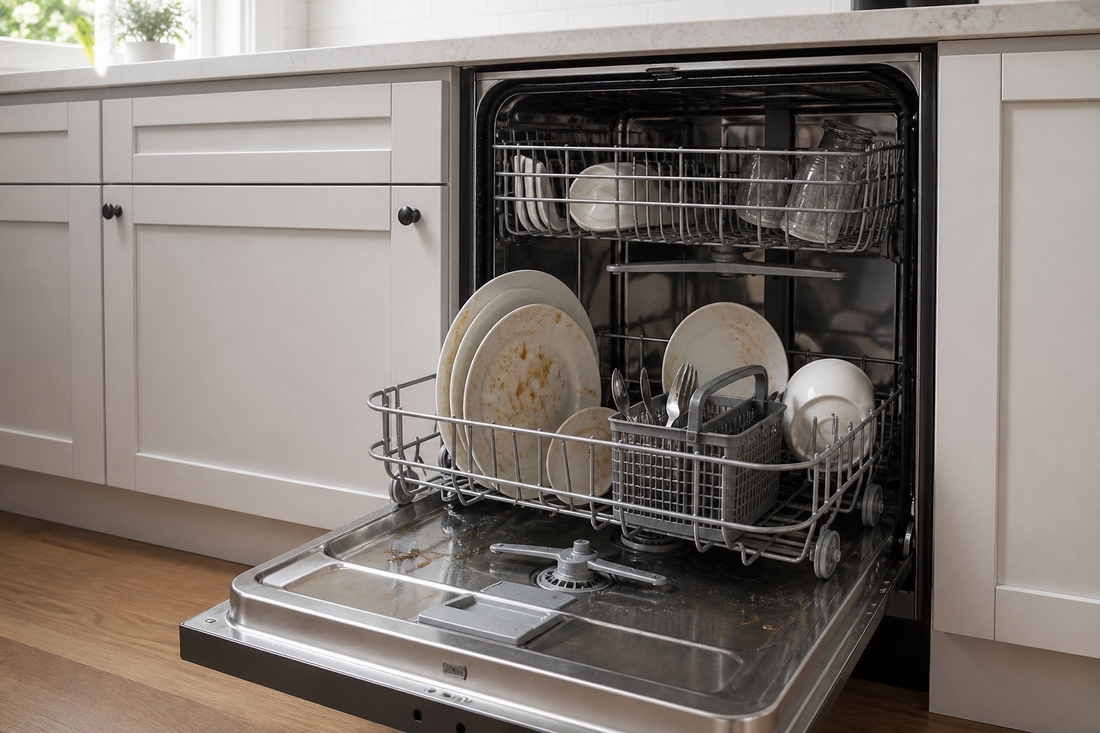 Open dishwasher with food residue on dishes and a small amount of water near the filter area