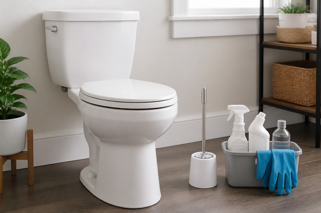 Clean white toilet with a toilet brush, cleaning gloves, and bathroom cleaning supplies arranged nearby