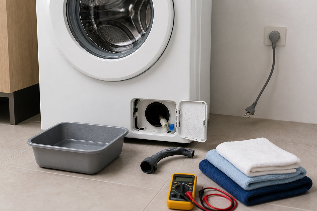 Unplugged washing machine opened for drain pump diagnosis with a drain hose, water container, towels, and multimeter nearby