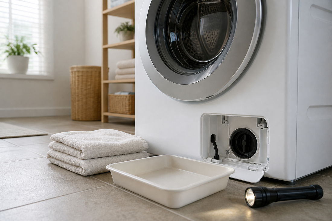 Front-loading washing machine with the lower service panel open, towels and a shallow container positioned beneath the drain filter