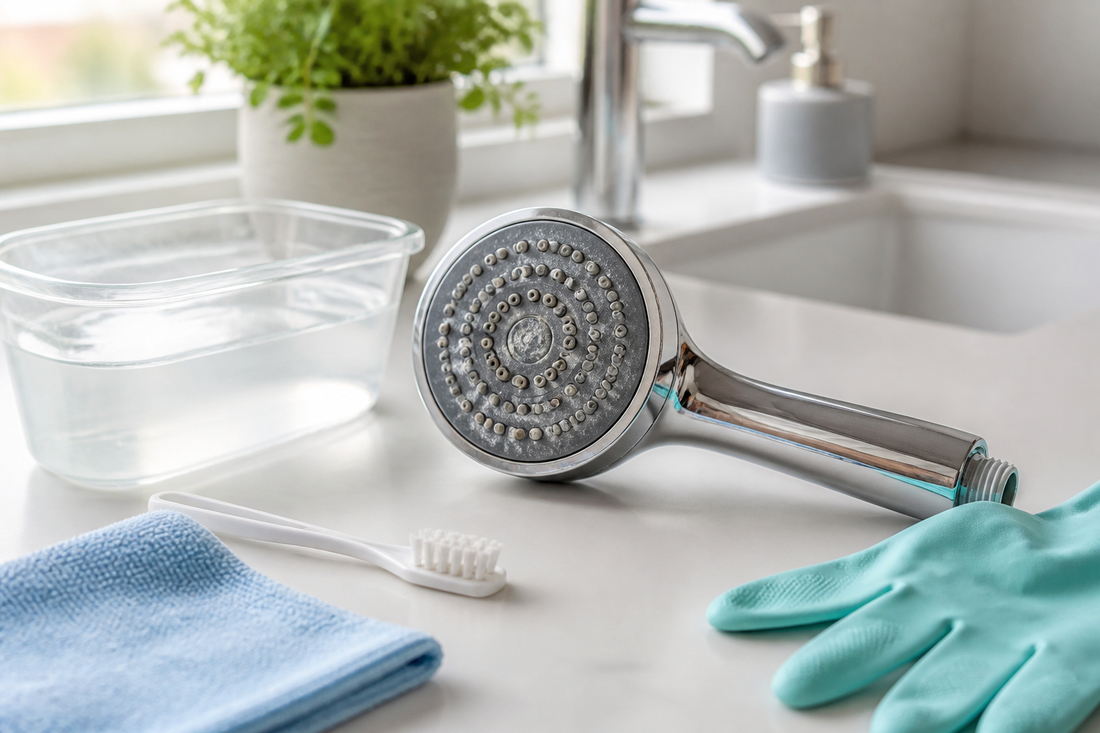 Showerhead cleaning setup with a soft cloth, narrow brush, container, and rubber gloves