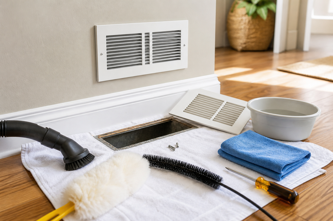 Air vent cleaning setup with a protected floor, vacuum brush, duster, microfiber cloth, flexible brush, screwdriver, and removable register