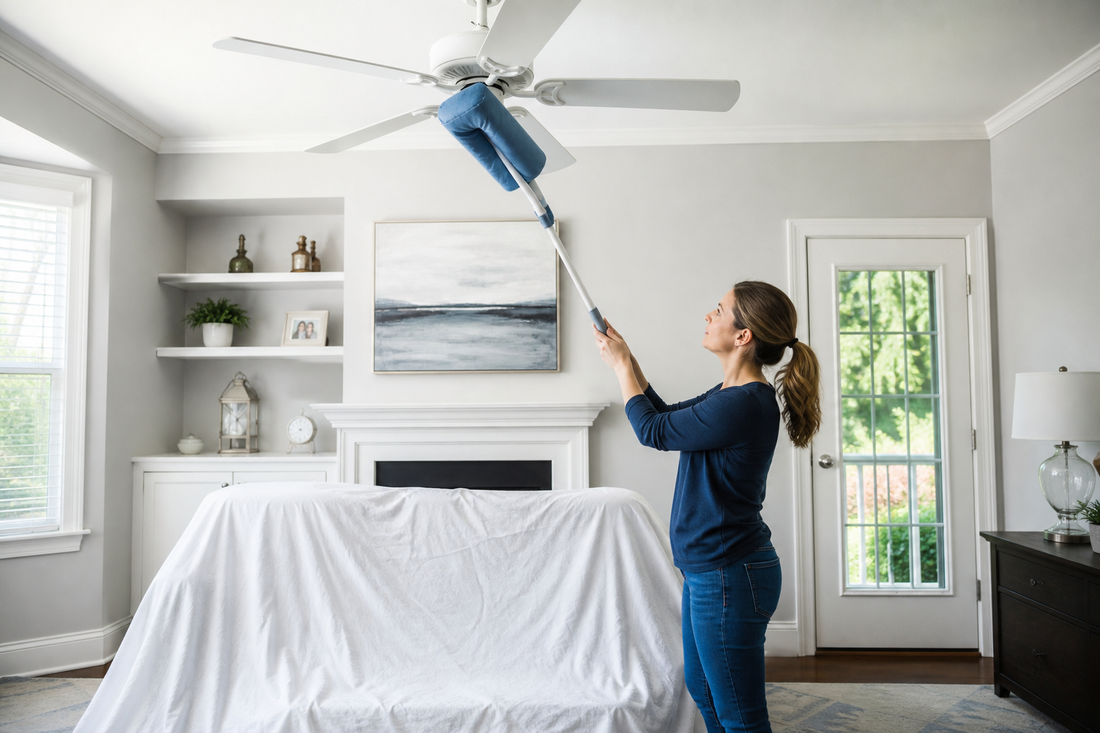 A stationary ceiling fan being cleaned with an enclosed microfiber duster above covered furniture