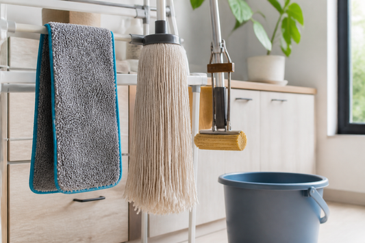 Reusable microfiber, cotton string, and sponge mop heads rinsed and drying separately in a bright utility area