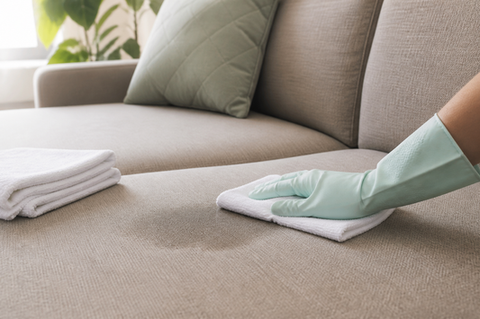 Fabric sofa upholstery being gently blotted with a clean cloth after a small pet accident