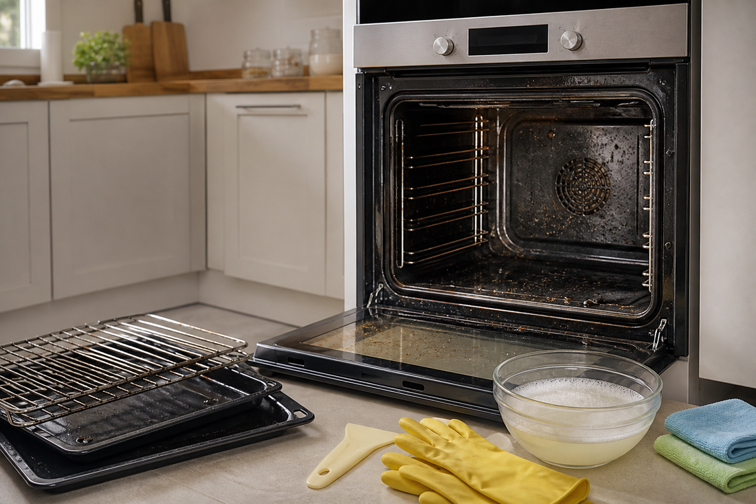 Open cool oven with removable racks set aside and cleaning supplies ready for removing grease