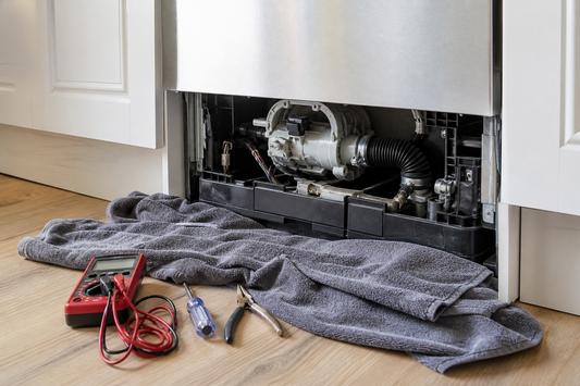 Dishwasher drain pump and digital multimeter arranged for a safe diagnostic inspection