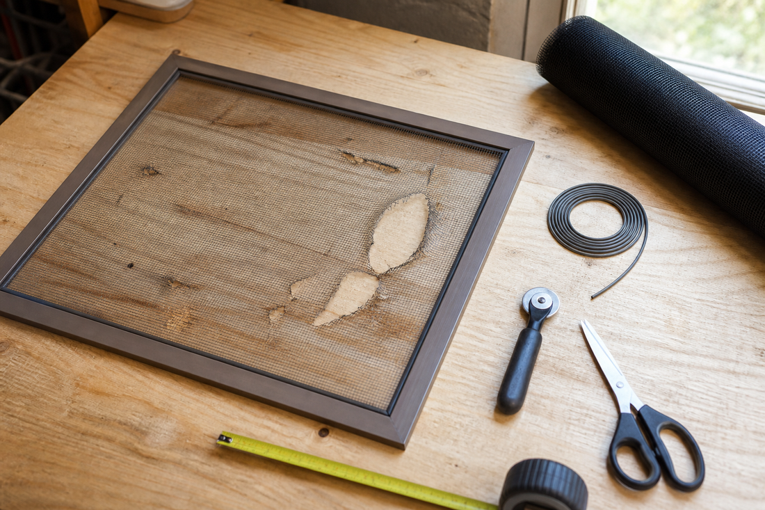 Damaged window screen and replacement materials arranged for inspection on a workbench