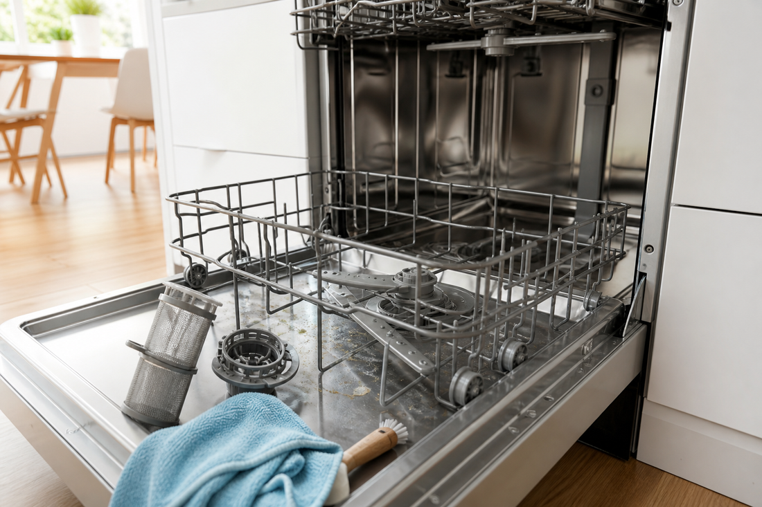 Open dishwasher prepared for cleaning with the filter removed and spray arms visible