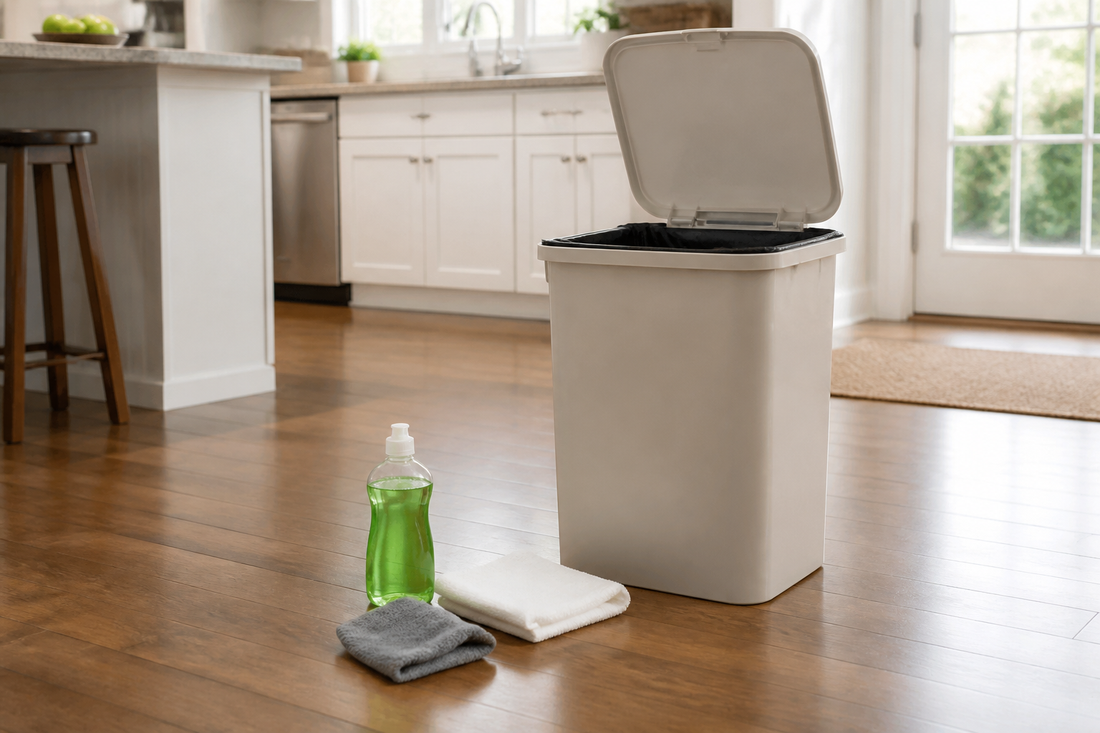 Open household kitchen trash can with cleaning cloth, mild detergent, and towel nearby