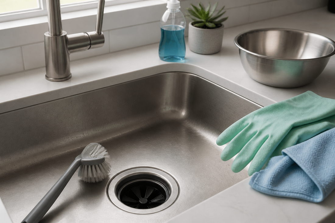 Kitchen sink garbage disposal with safe cleaning tools arranged nearby