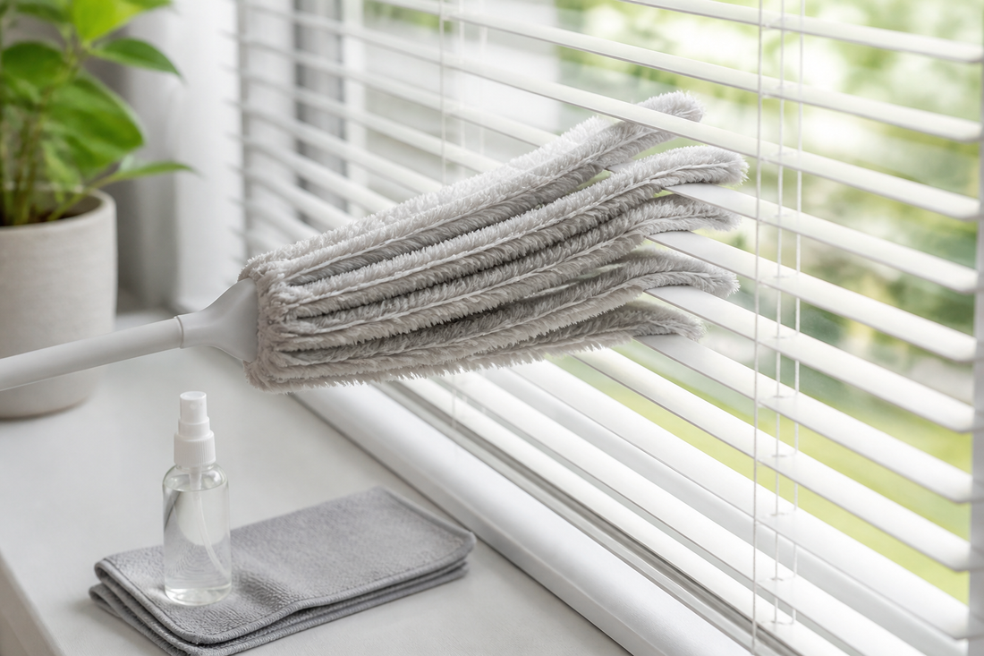 Hands gently cleaning horizontal window blinds with a soft duster and microfiber cloth in a bright living room