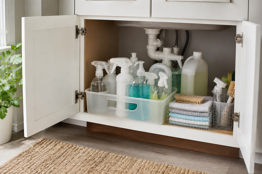 Cleaning supplies organized in separate zones inside a compact under-sink cabinet