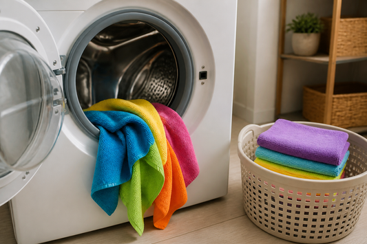 Microfiber cleaning cloths being washed separately in a washing machine