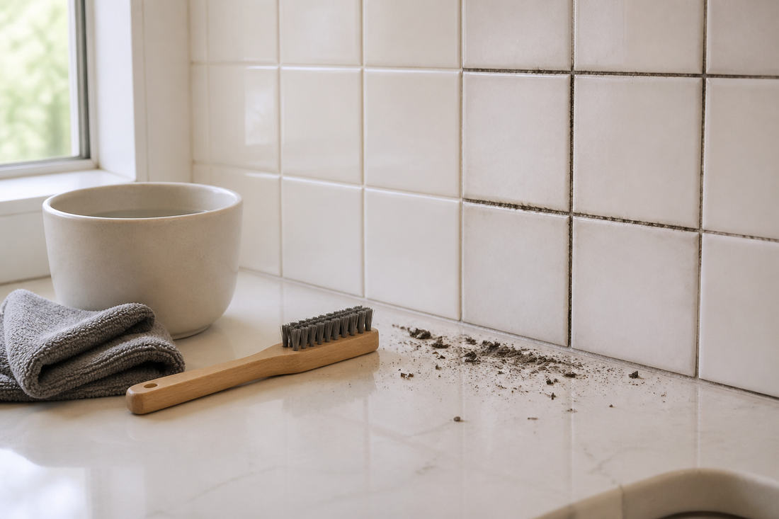 Tile and grout prepared for gentle cleaning with loose debris removed and a narrow grout brush beside a microfiber cloth
