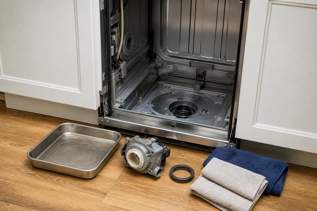 Open dishwasher with a replacement drain pump, gasket, towels, and shallow drain pan prepared for repair