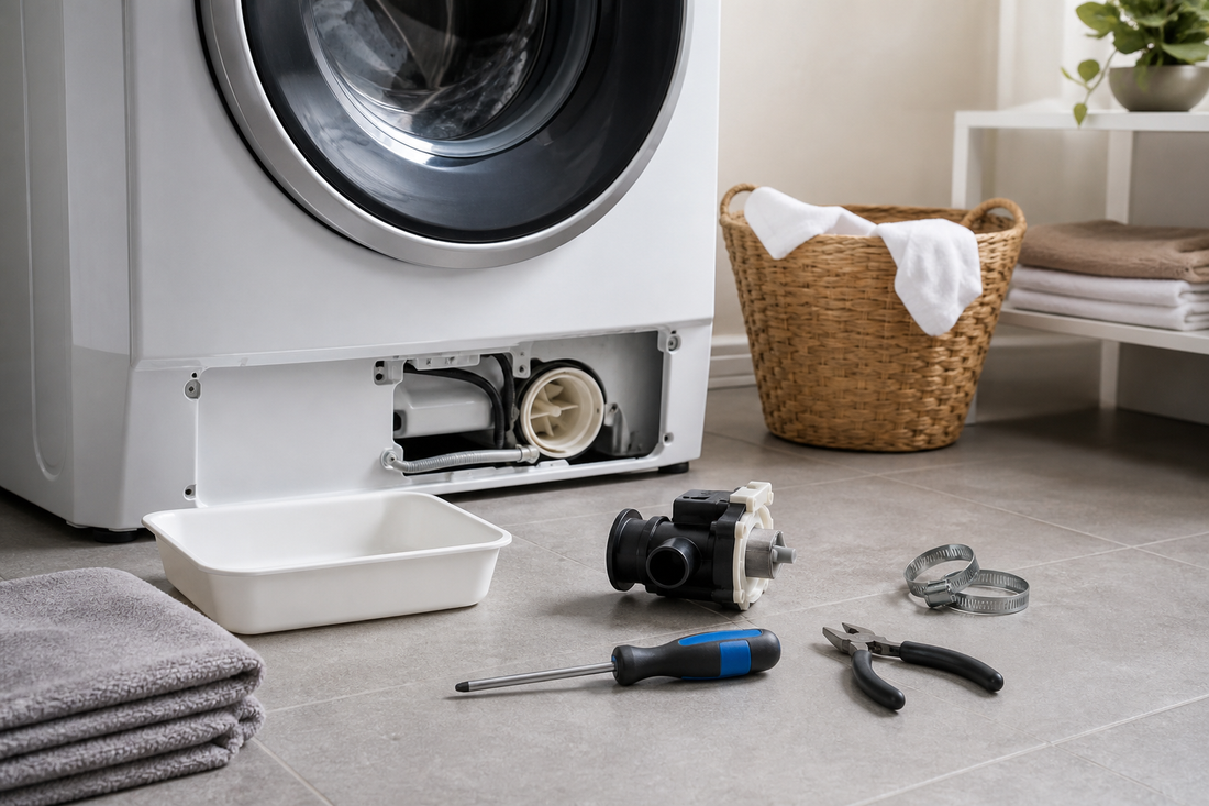 Washing machine with its lower service panel open beside a replacement drain pump, screwdriver, hose clamps, shallow container, and towels
