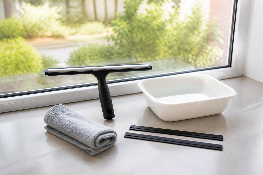Window squeegee, clean cloth, clean water, and replacement rubber blades arranged beside a clear window