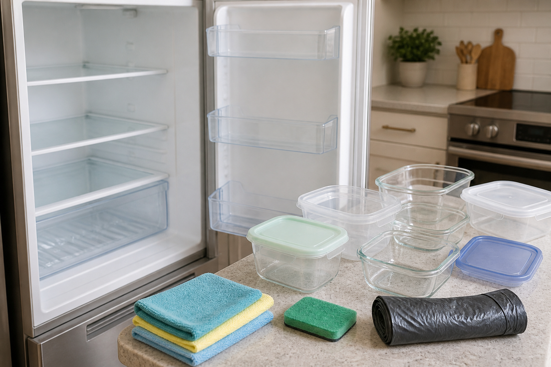 Open refrigerator being emptied and cleaned while food containers are sorted on a nearby counter