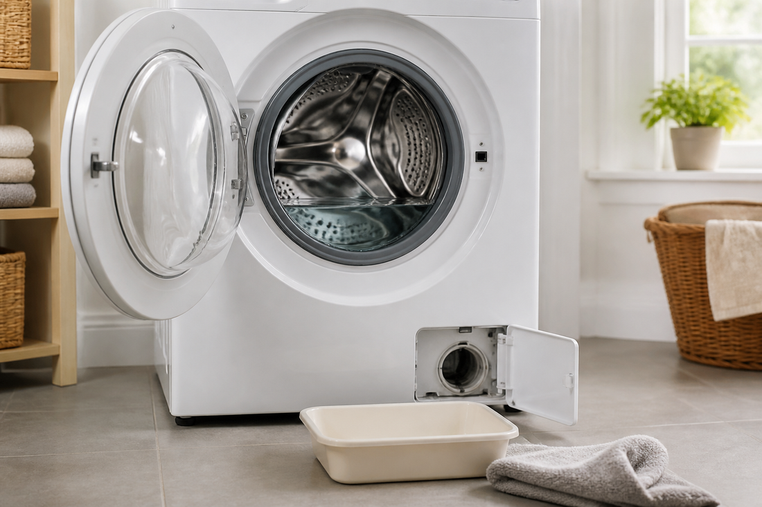 Front-loading washing machine with water remaining in the drum and the lower drain access opened for troubleshooting
