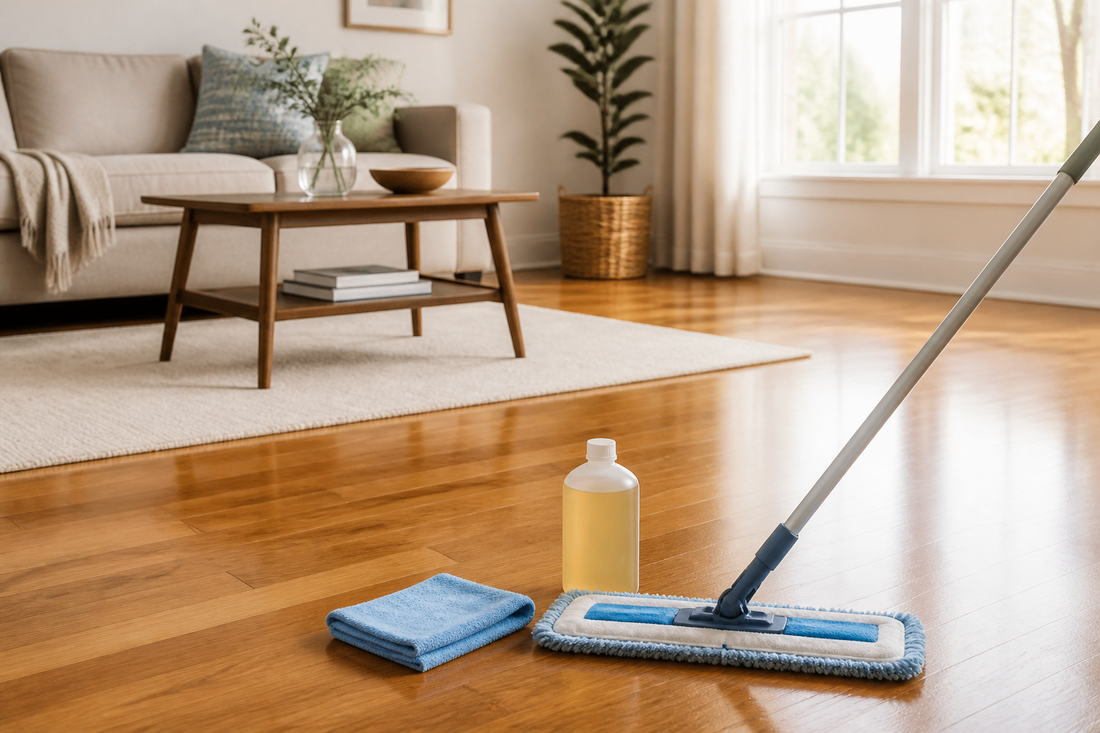 Microfiber mop and hardwood floor cleaner beside a clean finished hardwood floor in a bright living room