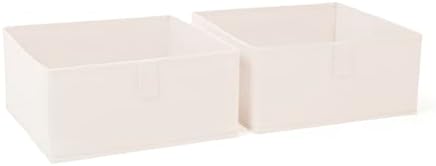 RiverRidge Folding Storage Bins - 2-pack of 5in Tall Cream Cubes | Fabric Bins, Set of 2 Storage Cubes, Pull-tab Handles, Playroom Closet Organizer, Collapsible Cubby with Bottom Board Insert