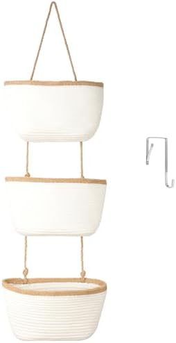 TeoKJ Over the Door Hanging Basket, 3-Tier Woven Cotton Wall-Mounted Storage Organizer Bag Decorative Hanging Nursery Baskets, White & Dark Brown