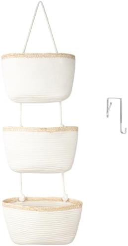TeoKJ Over the Door Hanging Basket, 3-Tier Woven Cotton Wall-Mounted Storage Organizer Bag Decorative Hanging Nursery Baskets, White & Light Brown