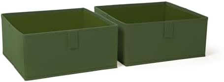 RiverRidge Folding Storage Bins - 2-pack of 5in Tall Olive Cubes | Fabric Bins, Set of 2 Storage Cubes, Pull-tab Handles, Playroom Closet Organizer, Collapsible Cubby with Bottom Board Insert