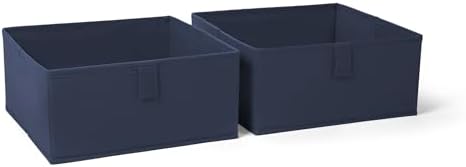 RiverRidge Folding Storage Bins - 2-pack of 5in Tall Navy Cubes | Fabric Bins, Set of 2 Storage Cubes, Pull-tab Handles, Playroom Closet Organizer, Collapsible Cubby with Bottom Board Insert