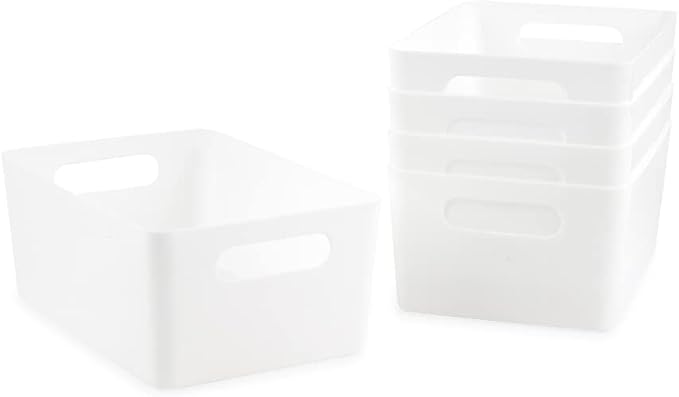 Isaac Jacobs 5-Pack Medium White Storage Bin Set (9.5" x 6.5"x 4") | w/Cut-Out Handles, Plastic Organizer, Multi-Use, Home, Office, Pantry, Closet, Kitchen