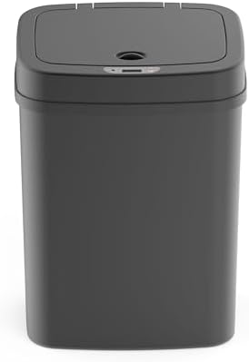 Touchless Motion Sensor Trash Can with Lid, Automatic Infrared Garbage Bin, Narrow Rectangular Bathroom Kitchen Bedroom Office Waste Basket, Soft Close Quiet Seal, Removable Inner Ring (Black)