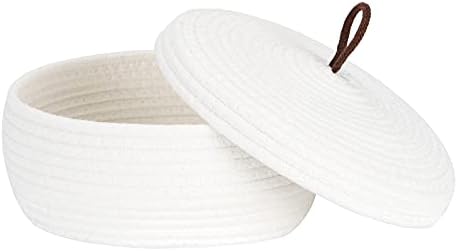 Sea Team Round Woven Cotton Rope Storage Basket with Lid, White | Lidded Knitted Decorative Storage Bin, Pot, Caddy, Organizer, Container for Snacks, Towels, Plants, 10 x 4.5 Inches