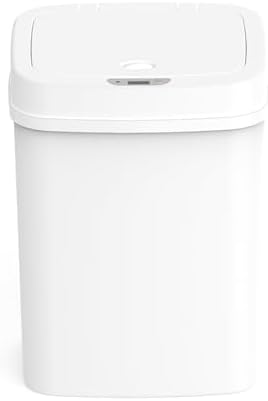 Touchless Motion Sensor Trash Can with Lid, Automatic Infrared Garbage Bin, Narrow Rectangular Bathroom Kitchen Bedroom Office Waste Basket, Soft Close Quiet Seal, Removable Inner Ring (White)