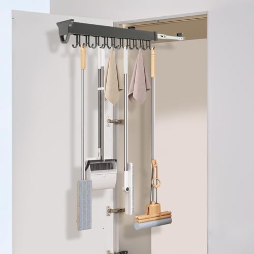 Pull-Out Mop and Broom Holder Slide Broom Closet Organizer Sliding Garage Storage Rack with 20 Adjustable Hooks, 22 in Wall Mount Sliding Organizer Rack for Closet, Kitchen, Laundry