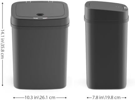 Touchless Motion Sensor Trash Can with Lid, Automatic Infrared Garbage Bin, Narrow Rectangular Bathroom Kitchen Bedroom Office Waste Basket, Soft Close Quiet Seal, Removable Inner Ring (Black)