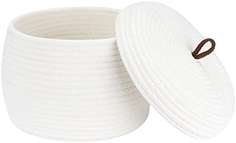 Sea Team Round Woven Cotton Rope Storage Basket with Lid, White | Lidded Knitted Decorative Storage Bin, Pot, Caddy, Organizer, Container for Snacks, Towels, Plants, 10 x 7.5 Inches