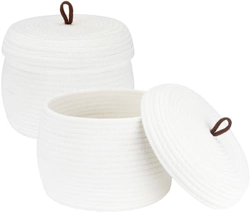 Sea Team Round Woven Cotton Rope Storage Basket with Lid, White, 2-Pack | Lidded Knitted Decorative Storage Bin, Pot, Caddy, Organizer, Container for Snacks, Towels, Plants, 10 x 7.5 Inches