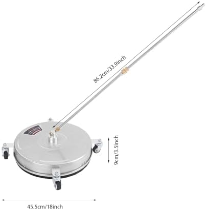 18" Pressure Washer Surface Cleaner with 4 Wheels, Stainless Steel Surface Cleaner for Driveway, Patio, Deck, Concrete, 2 Nozzles, 33.9” Pole, 1/4” Quick Connect, 5000 PSI